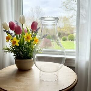 Vintage Clear Glass Hurricane Shade-Beaded Rim-Oil Lamp Chimney-9''-Farmhouse